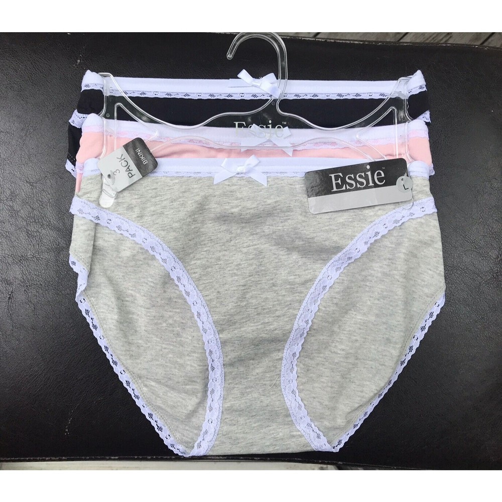 new Essie 3 pack bikini underwear gray pink black cotton Stretchy lace Large L